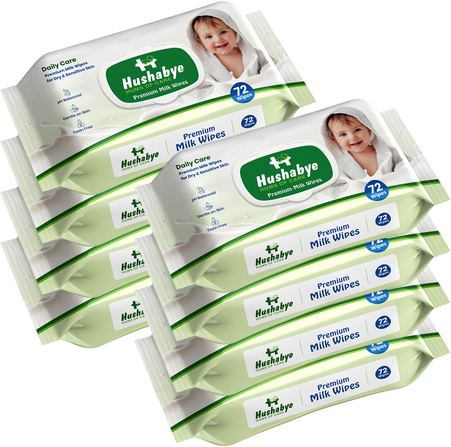 Image of Hushabye Premium Milk Cleansing Baby Wipes With Lid, Vitamin E, pH Balanced, Pack of 8