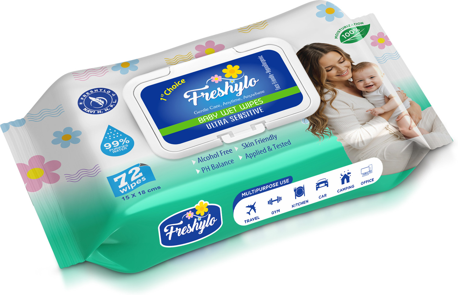 Image of Freshylo Baby Wipes with Lid & 99% Purified Water | pH-Balanced Wet Tissues, Pack of 5