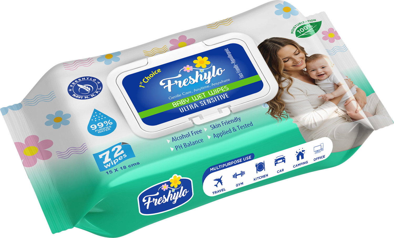 Image of Freshylo Baby Wipes with Lid & 99% Purified Water | pH-Balanced Wet Tissues, Pack of 1