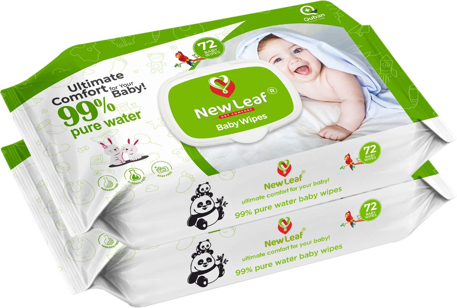 Image of Newleaf Premium Baby Wipes | 99% Pure Water, Aloe Vera & Glycerine with Lid, Pack of 2