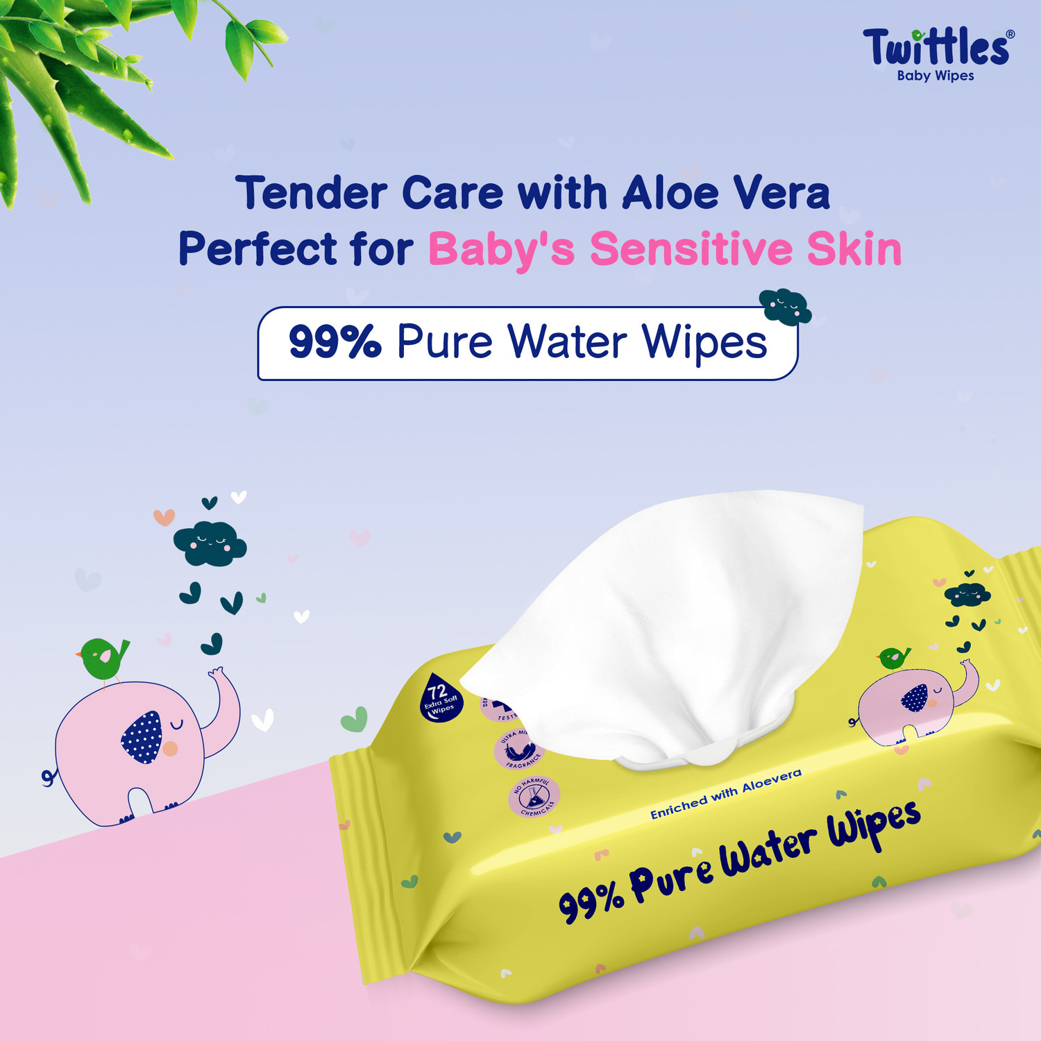 Image of Twittles Soft & Gentle Baby Cleansing Wipes With Lid, 99% Water & Aloe Vera | Pack of 6