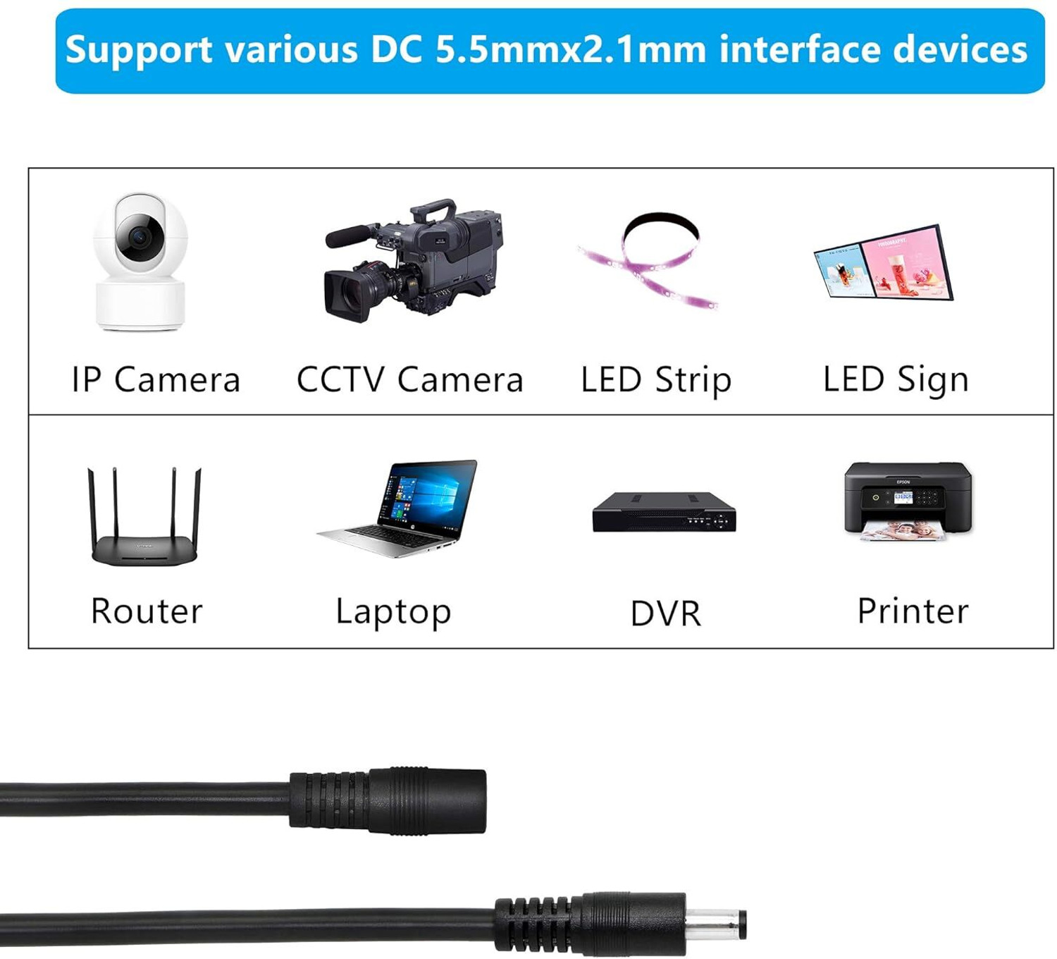 Image of TAAPSEE 1 Meter 1Pack DC Power Extension Cable,DC 5.5mm x 2.1mm Power Adapter Cable Male to Female Power Extension Cable Wire Connector