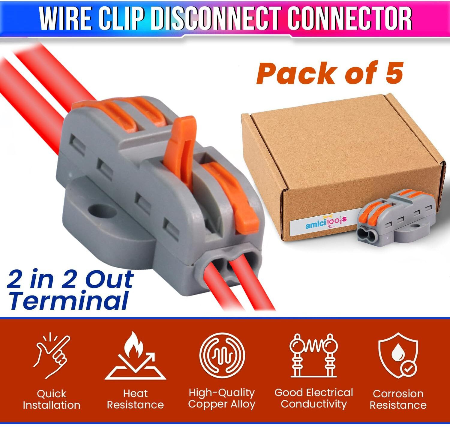 Image of amiciTools Fast Wire Clip Connector, Fixed Wire Terminal Blocks 2-to-2 Connector Wire Connector Wire Connector