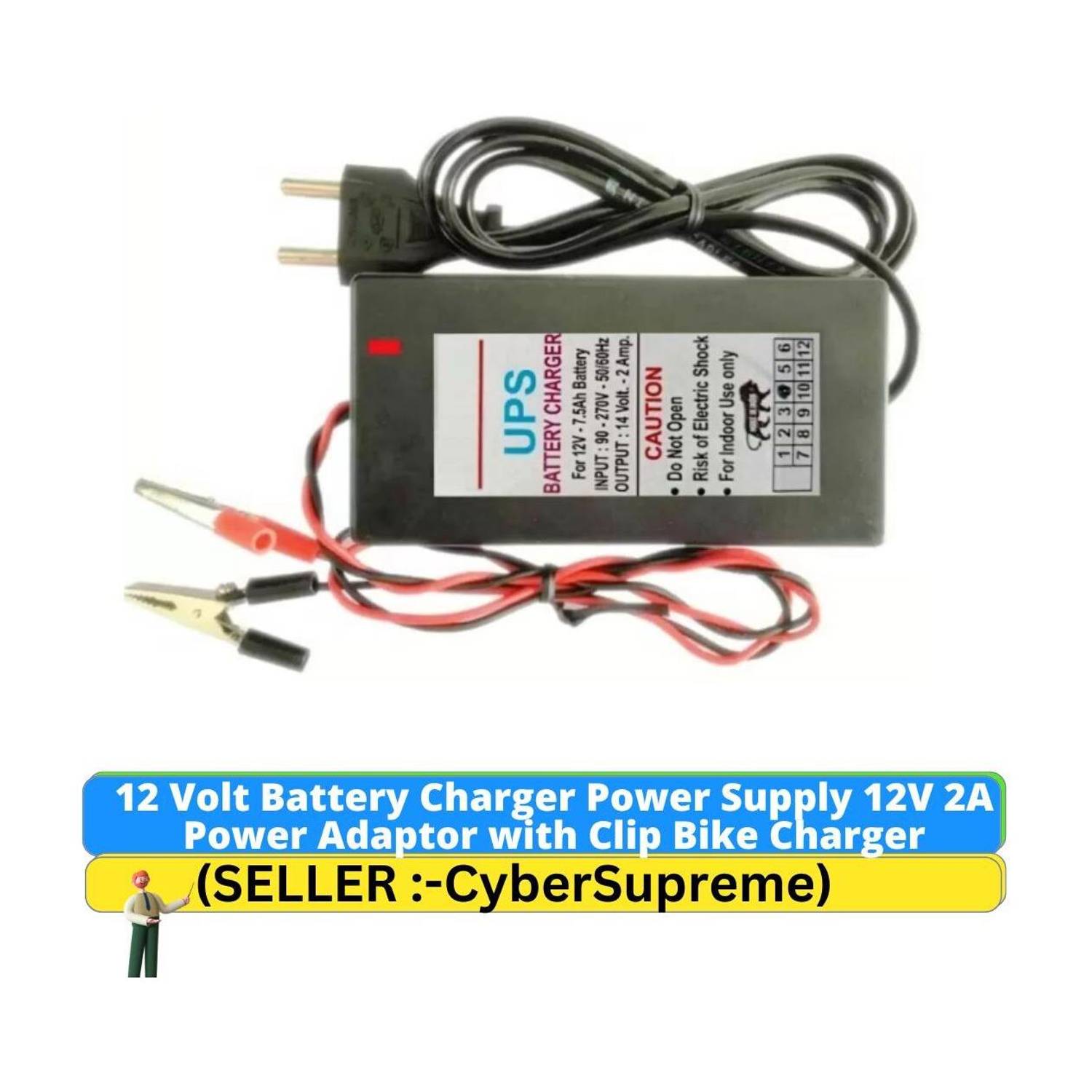 CyberSupreme Battery Charger 12 Volt Power Supply 12V 2A Power Adaptor with Clip Bike Charger Worldwide Adaptor