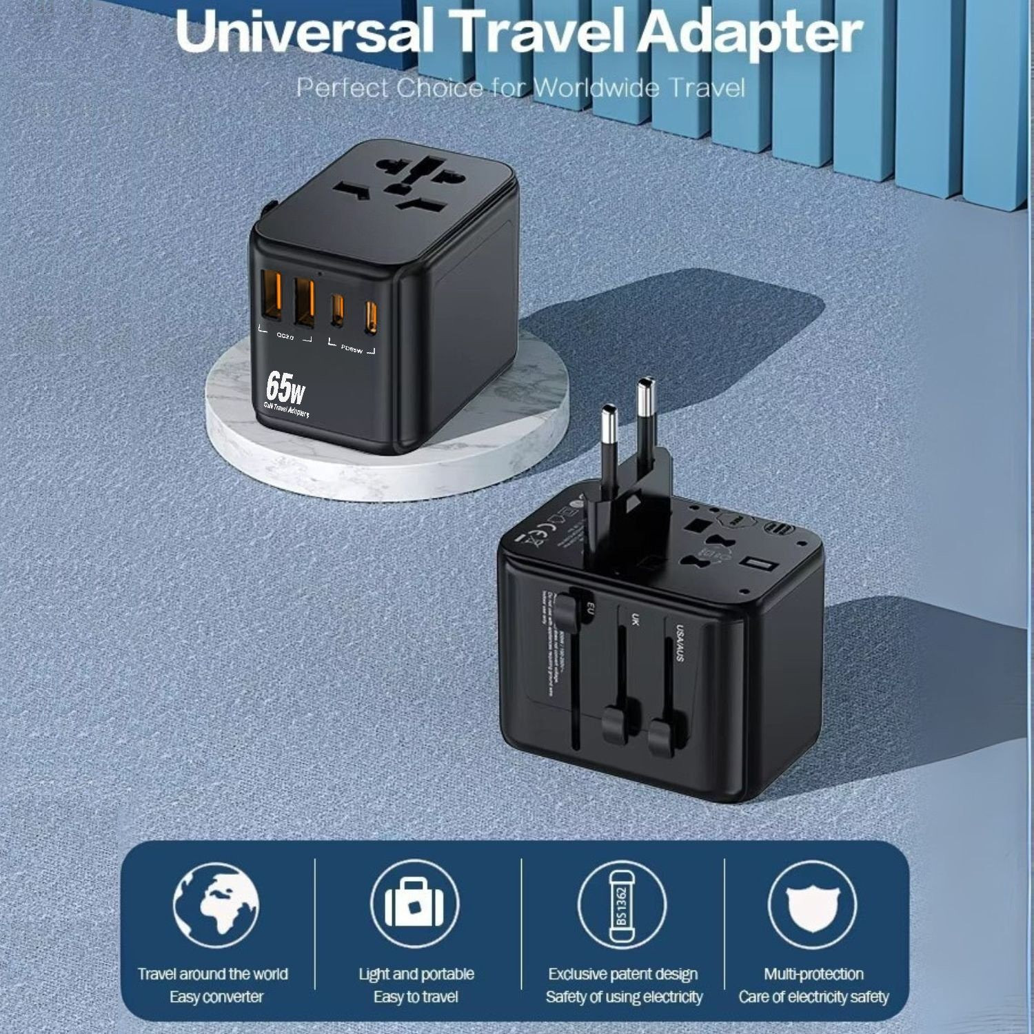 Image of Aliens 65WGan 5 in 1 Universal Travel Adapter with 2X PD Type-C & 2X QC 3.0 USB-A Ports Worldwide Adaptor
