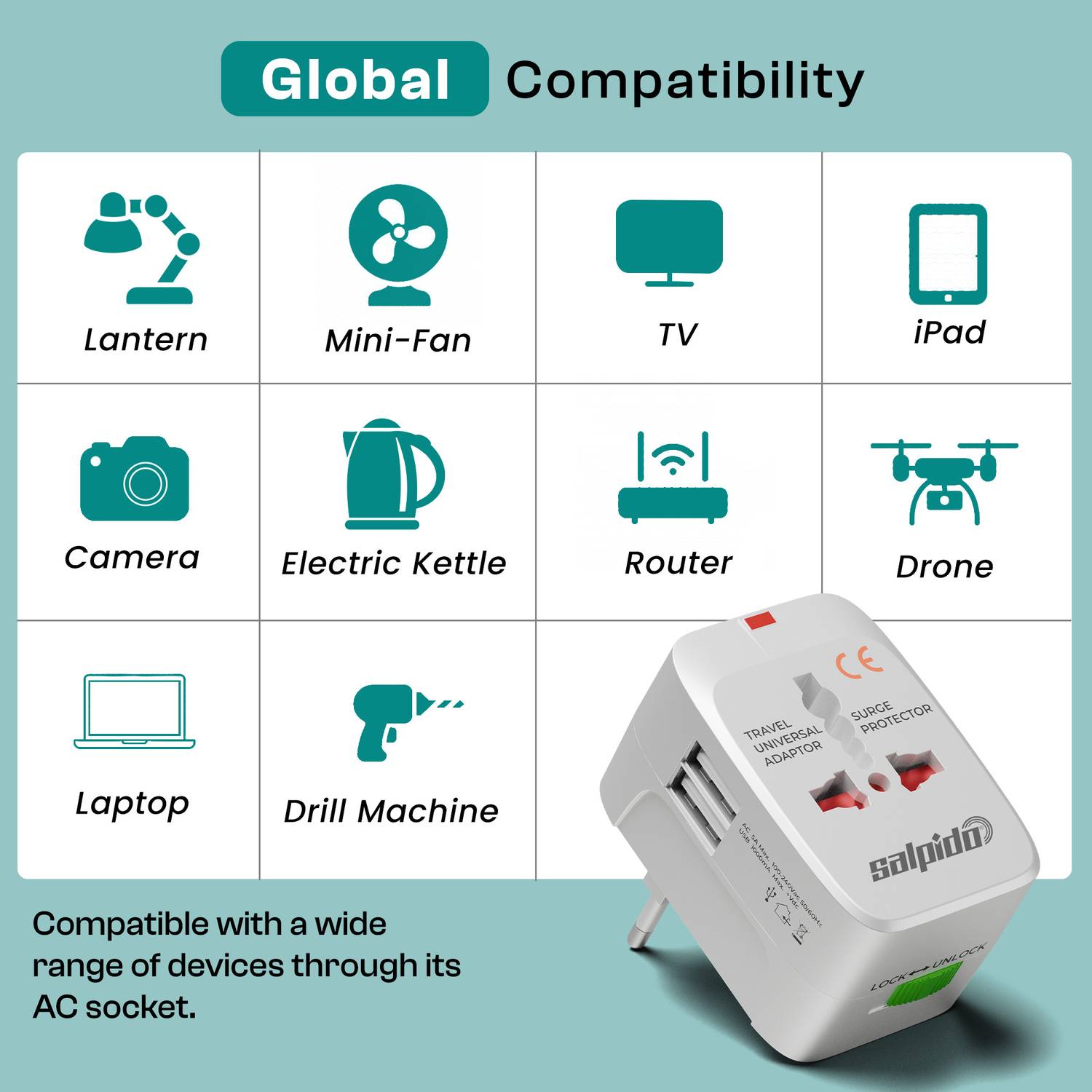 Salpido Universal Travel Adapter with 2 USB Ports - Image 3