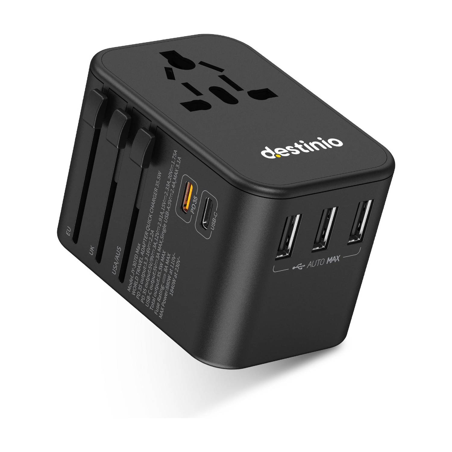 Destinio Universal Travel international Adapter with 1 PD, 1 Type C, 3 USB Charger Ports Worldwide Adaptor