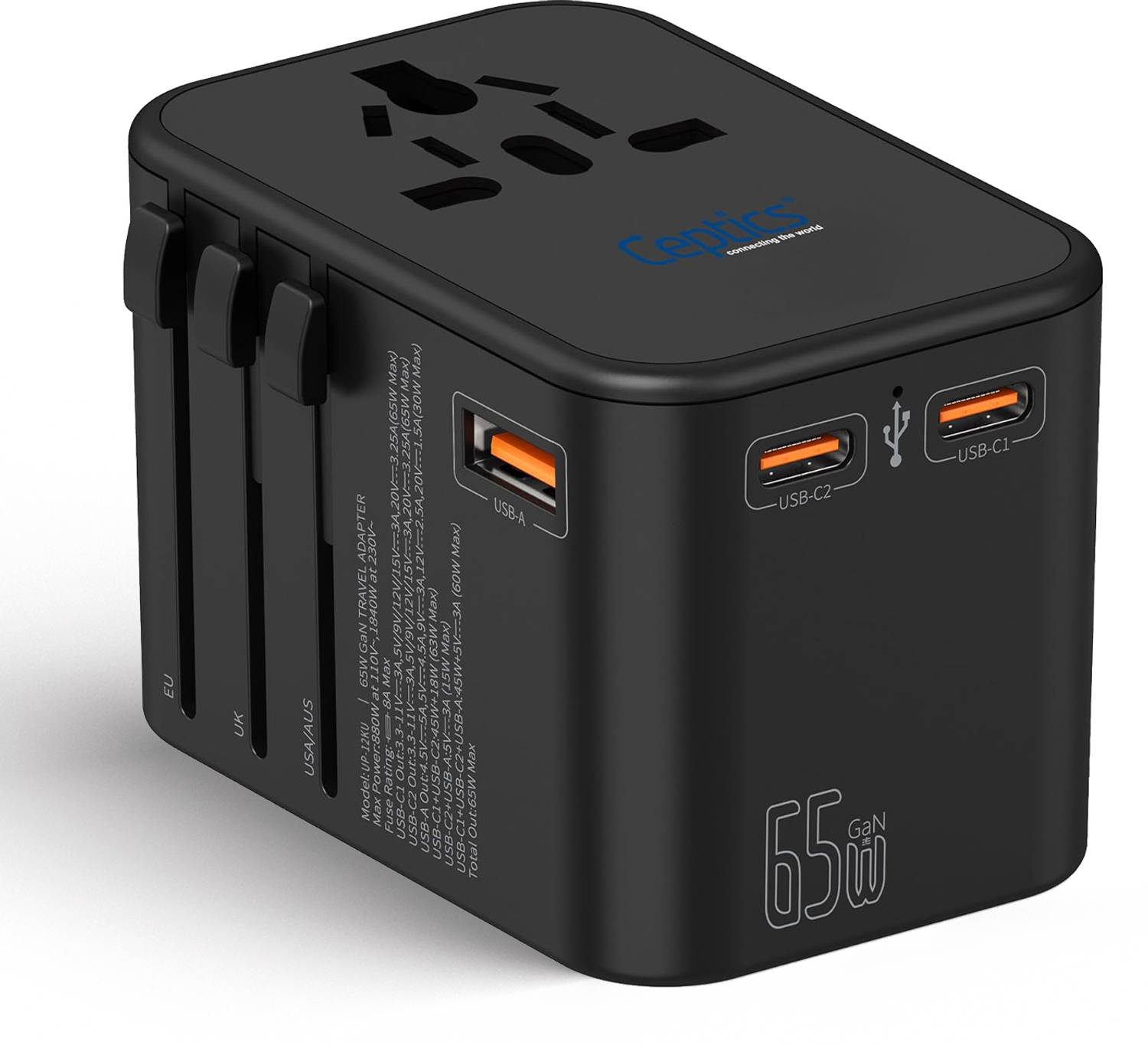 Ceptics 65W 4in1 Travel Adapter, 1 USB-A, 2 USB-C - Image 1