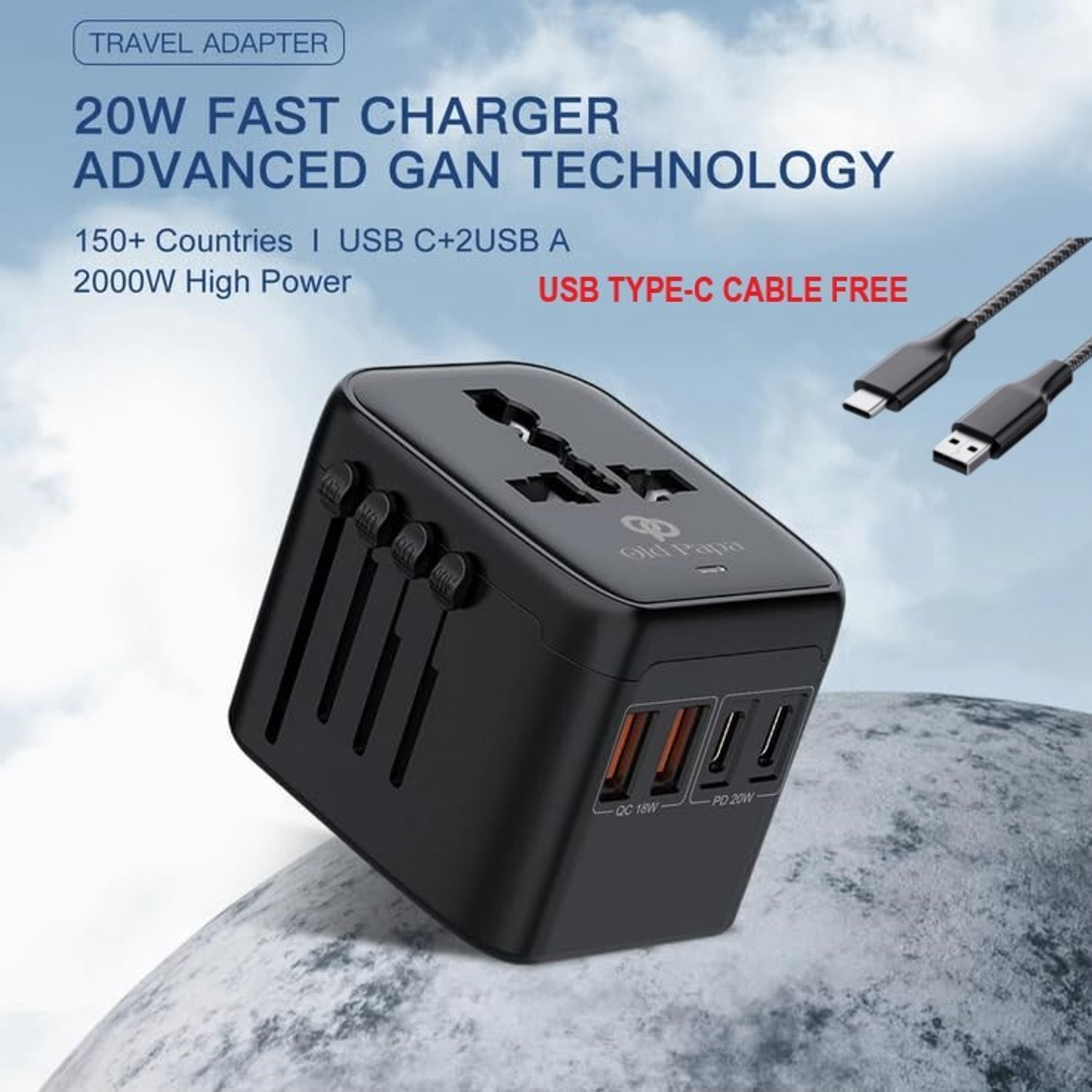Image of OLD PAPA Universal Travel Adapter, 5 in1 PD20W International Power Adapter, Fast Charging Worldwide Adaptor