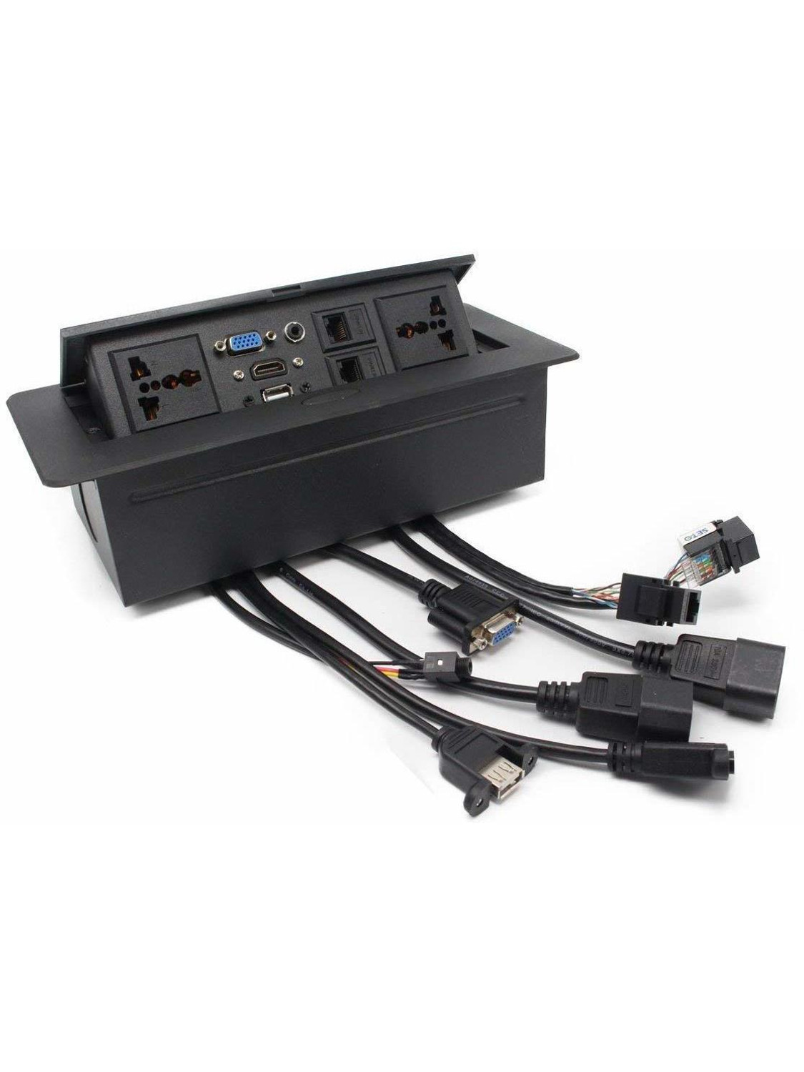 Image of coolcold Hydraulic Cable Cubby Popup Box with HDMI Connector, VGA Connector, Audio Connector, LAN Port, Power Ports & USB Port Worldwide Adaptor