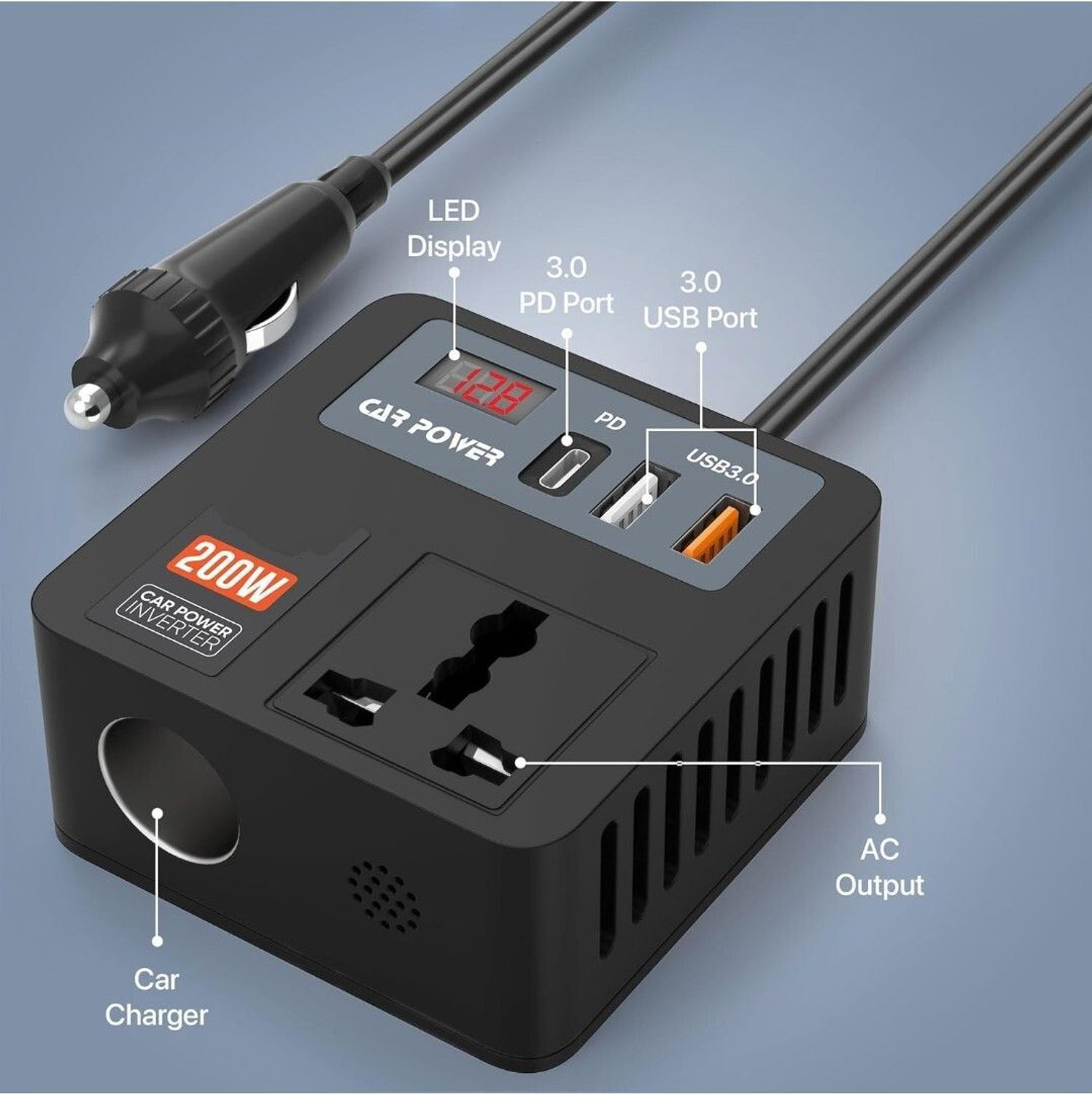 Image of Coracao 200W Car Power Inverter with AC Outlet & Dual USB Charger Worldwide Adaptor