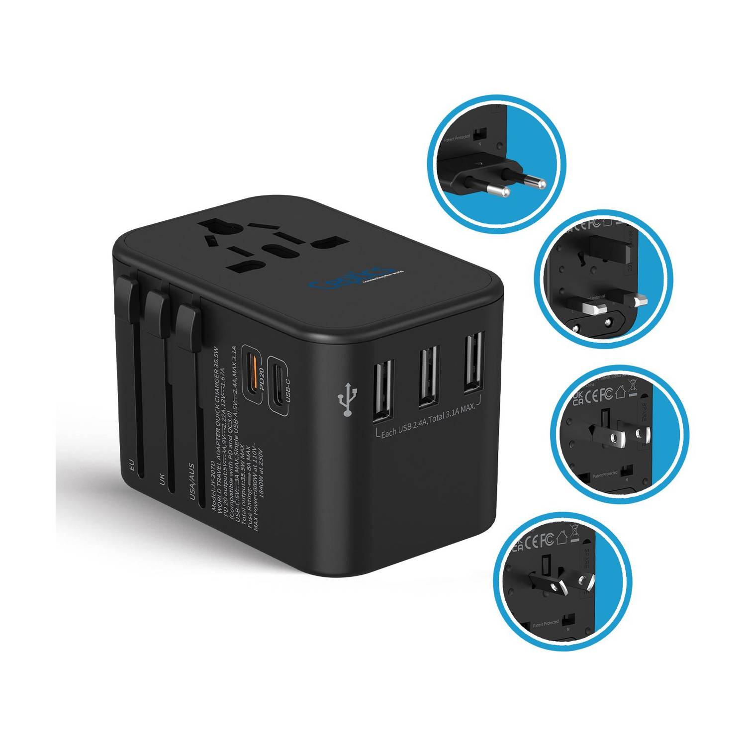 Ceptics 35W 6 in 1 Universal Adapter, 3 USB-A, 2 USB-C (1 PD-35W port), For EU, US, UK Worldwide Adaptor