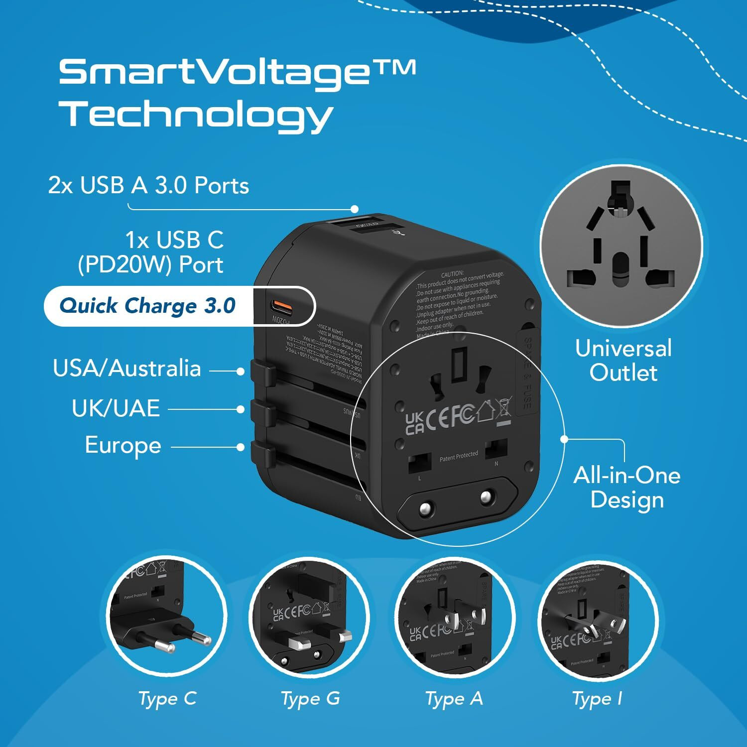 Image of Ceptics 20W 4-in-1 Universal Travel Adapter - Type C, 2 USB QC 3.0, for EU, UK, USA /AUS Worldwide Adaptor