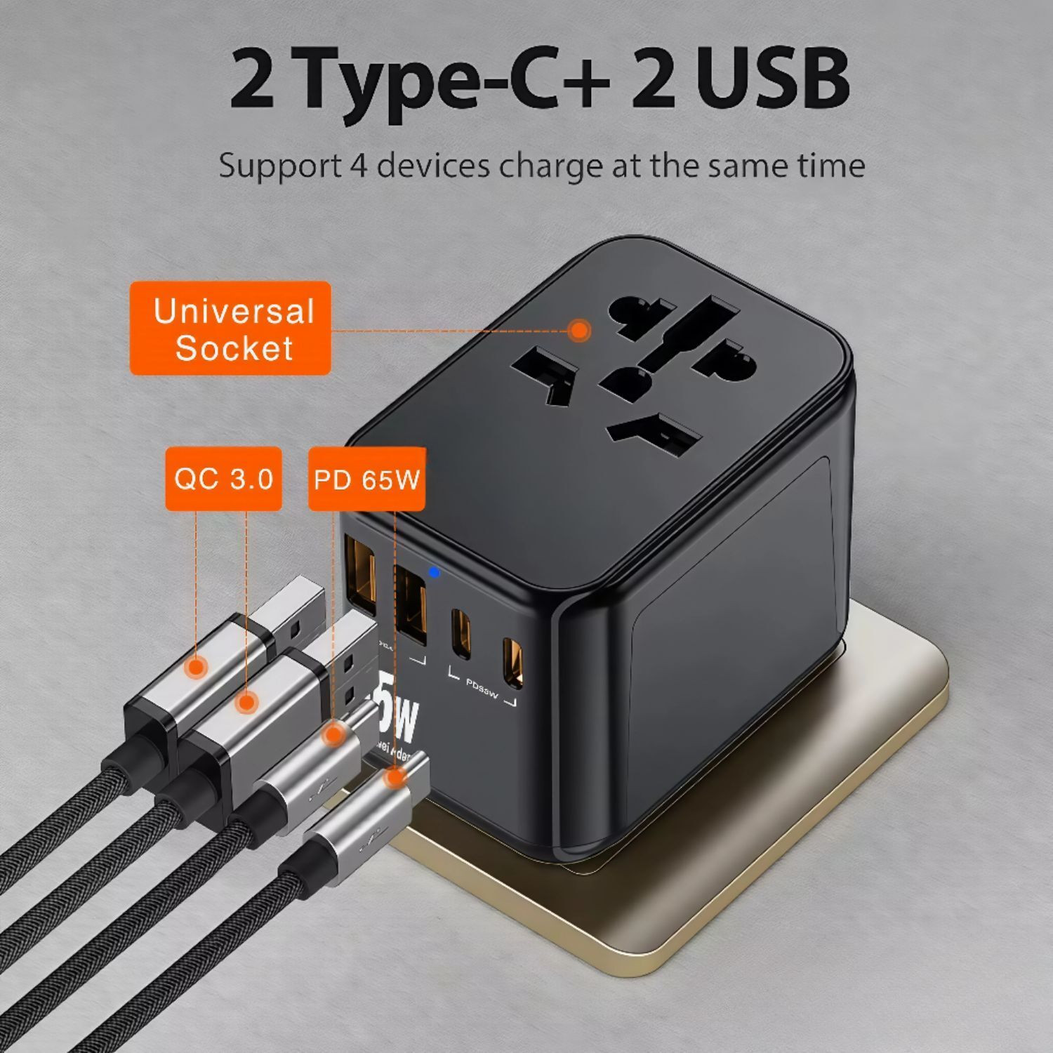 Image of Aliens 65WGan 5 in 1 Universal Travel Adapter with 2X PD Type-C & 2X QC 3.0 USB-A Ports Worldwide Adaptor