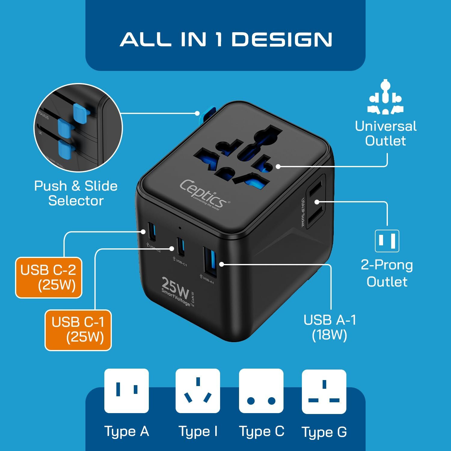 Image of Ceptics Universal Travel Adapter Worldwide Adaptor