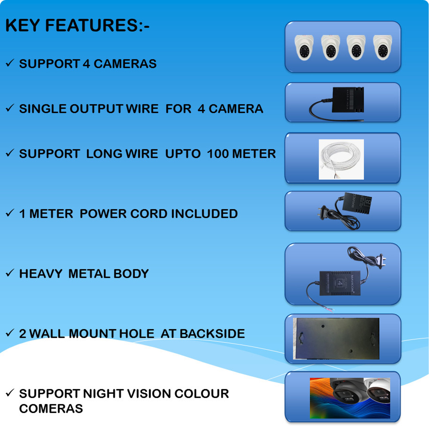Image of MAVICON 4 channel smps cctv camera power supply 12v 5a 60w cctv smps 4 channel 60 Watts Computer PSU with 0 SATA Cables