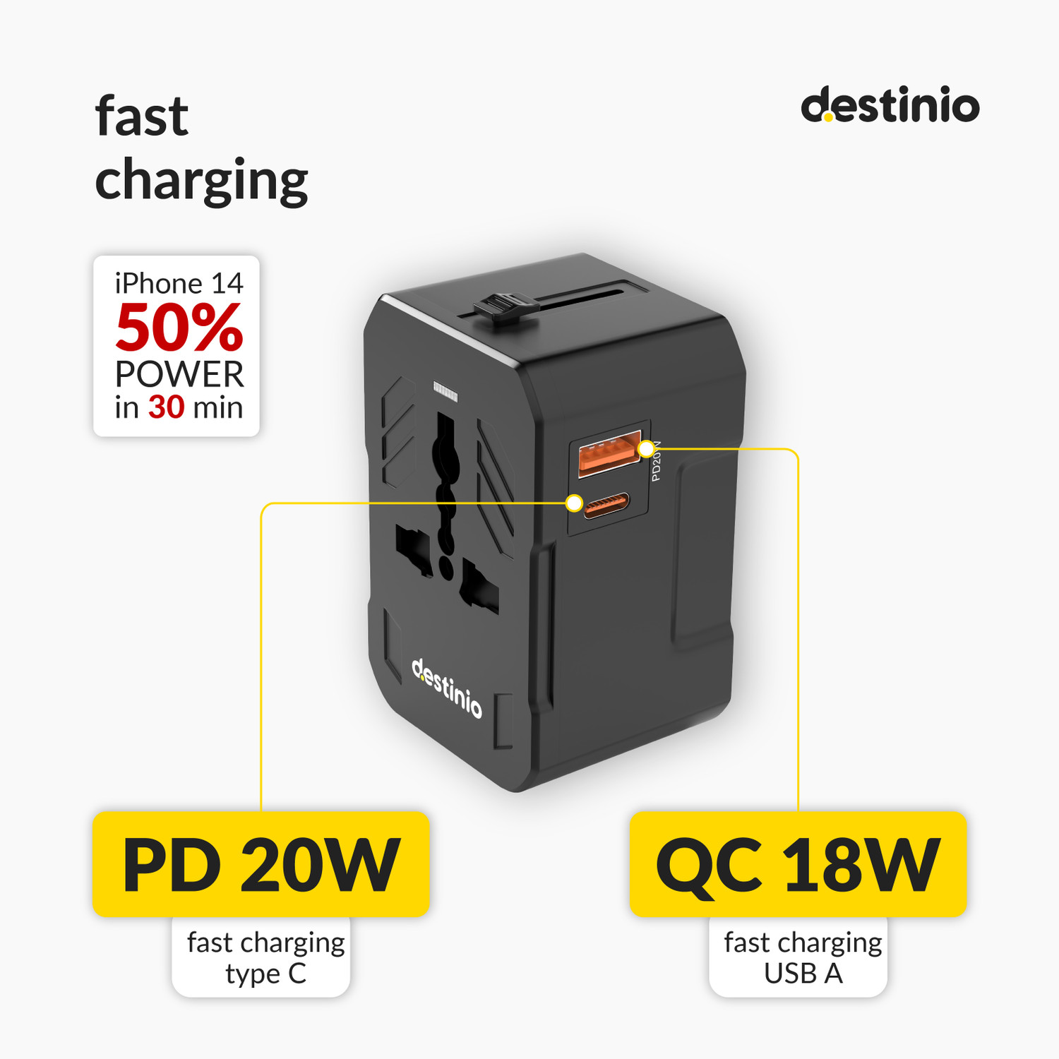 Image of Destinio Universal travel adapter-20W PD Type-C + 18W QC USB-A travel adapter for USA /UK Worldwide Adaptor