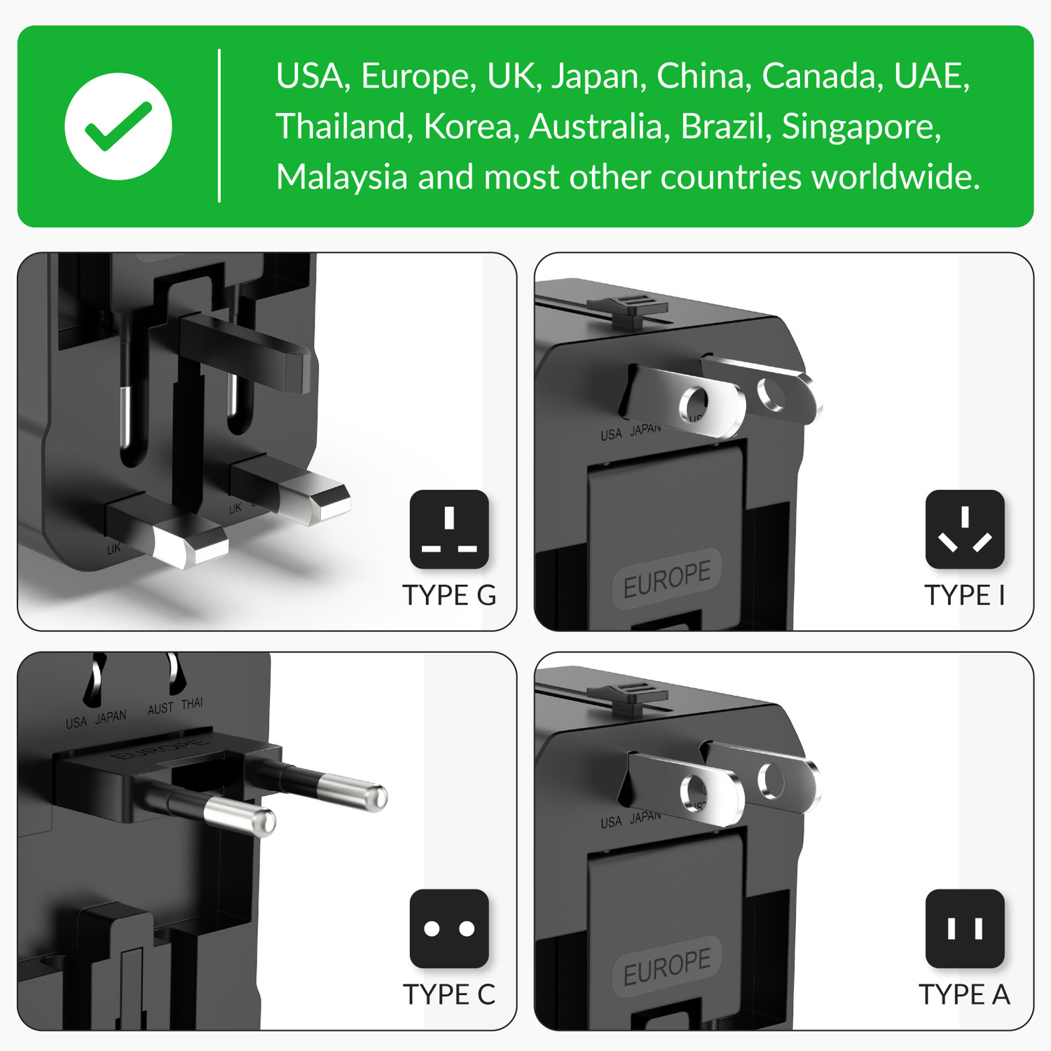 Image of Destinio Universal travel adapter-20W PD Type-C + 18W QC USB-A travel adapter for USA /UK Worldwide Adaptor