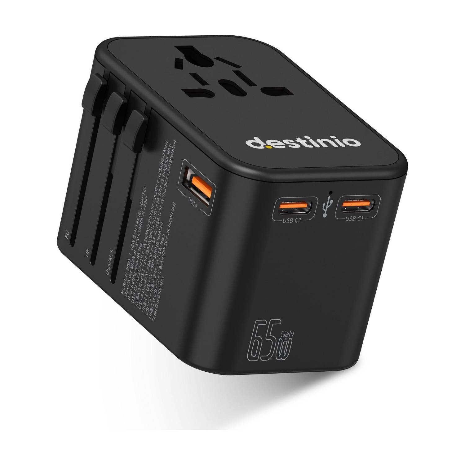 Destinio Universal Travel Adapter - Type C 65W GAN - Fast Charging 2 x Type C, 1 x USB Worldwide Adaptor