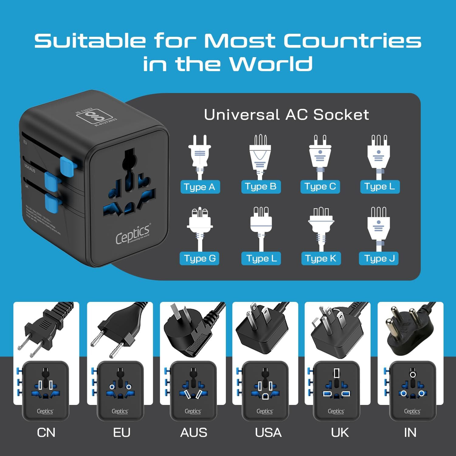 Image of Ceptics Universal Travel Adapter Worldwide Adaptor