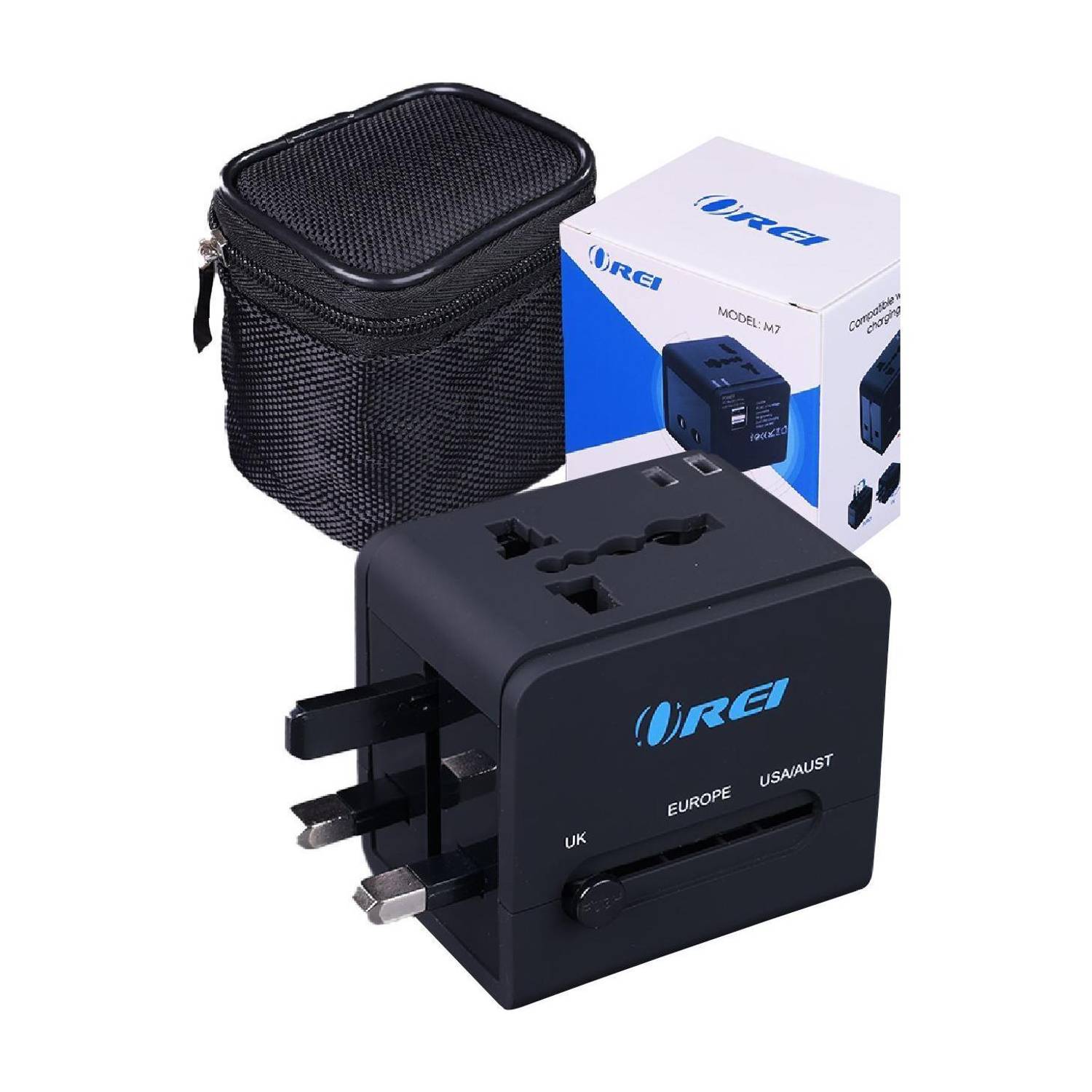 OREI Universal Travel Adapter with 2 USB Ports, 3 in 1 Charger (US, Europe, UK) Worldwide Adaptor