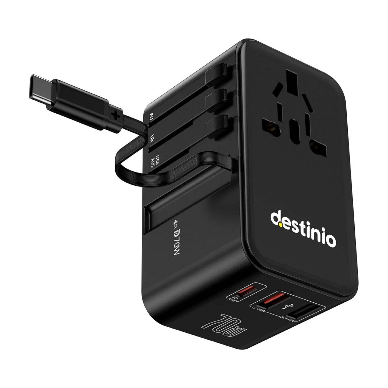 Destinio 70W Universal Travel Adapter with Type-C Cable – GaN Charger for Worldwide Use Worldwide Adaptor