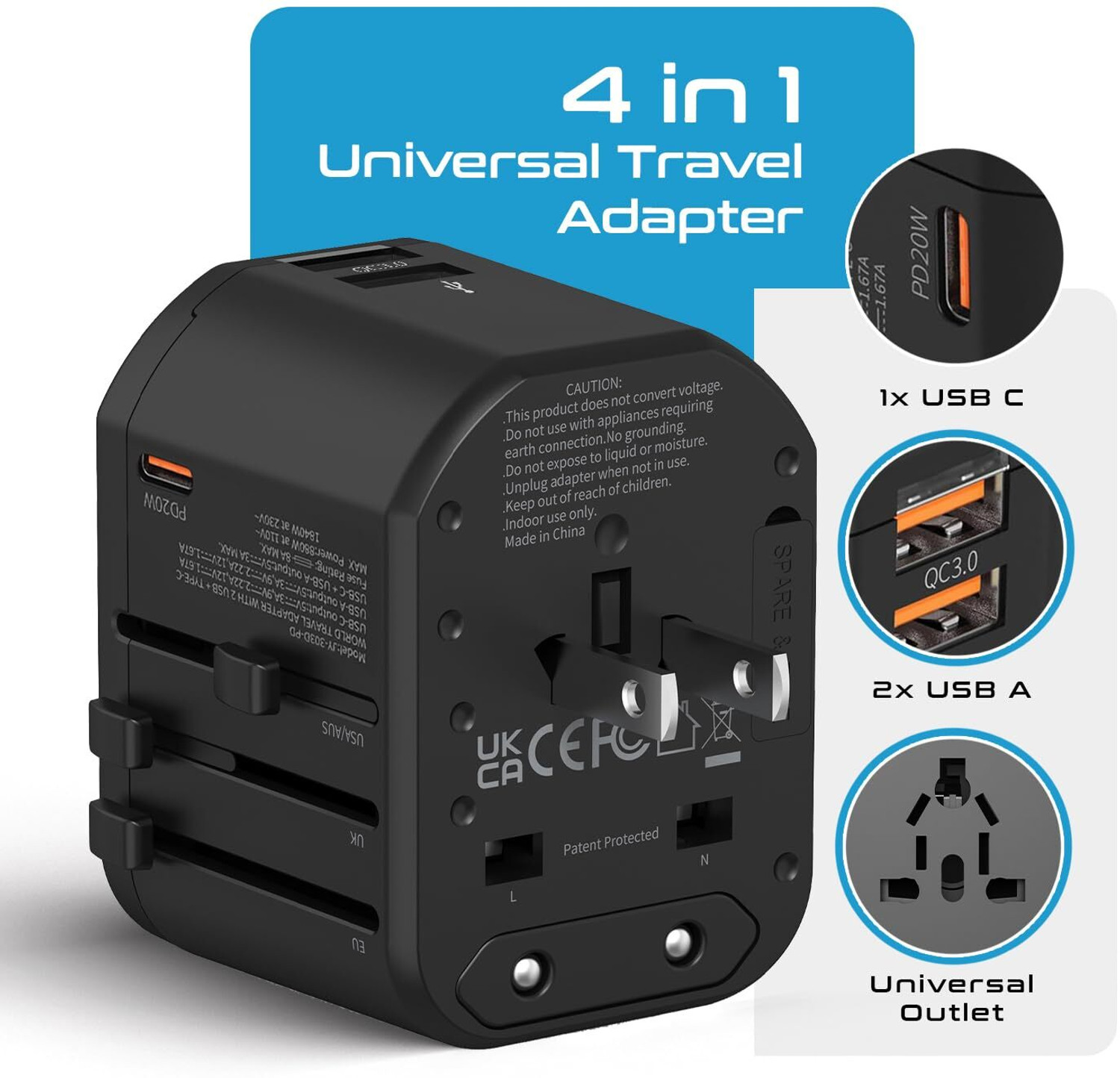 Image of Ceptics 20W 4-in-1 Universal Travel Adapter - Type C, 2 USB QC 3.0, for EU, UK, USA /AUS Worldwide Adaptor