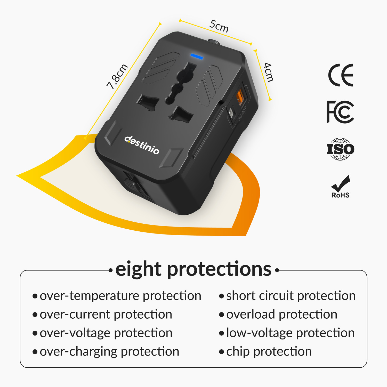 Image of Destinio Universal travel adapter-20W PD Type-C + 18W QC USB-A travel adapter for USA /UK Worldwide Adaptor