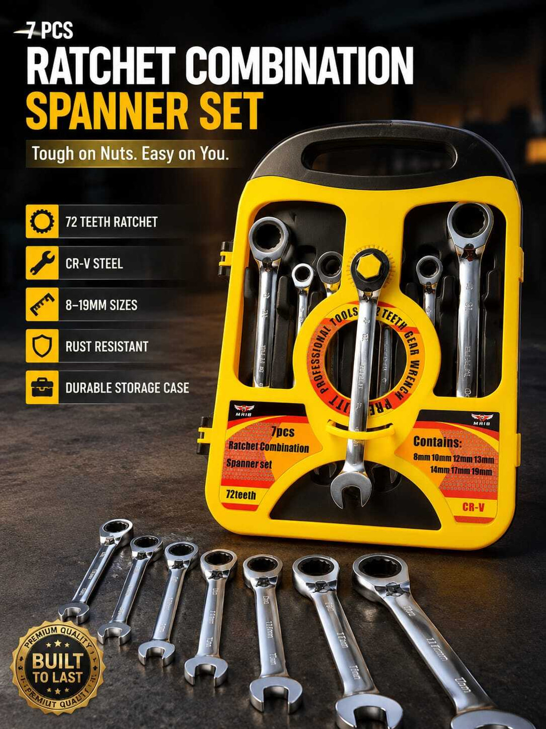 Image of Gadariya King 7PC Heavy duty Mirror doal Uses Ratchet set (8.10.12.13.14.17.19)mm Spanner Set Of Keys Gear Ring Handle Chrome Vanadium Double Sided Combination Wrench (Pack of 1)