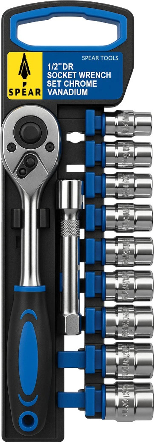 Image of spear 12Pcs 1 /2 inch Cr-V Quick Release Ratchet Wrench Set with Extension Bar & 10 Sockets for DIY, Automobile, Professional, Home Applications Double Sided Rachet Wrench