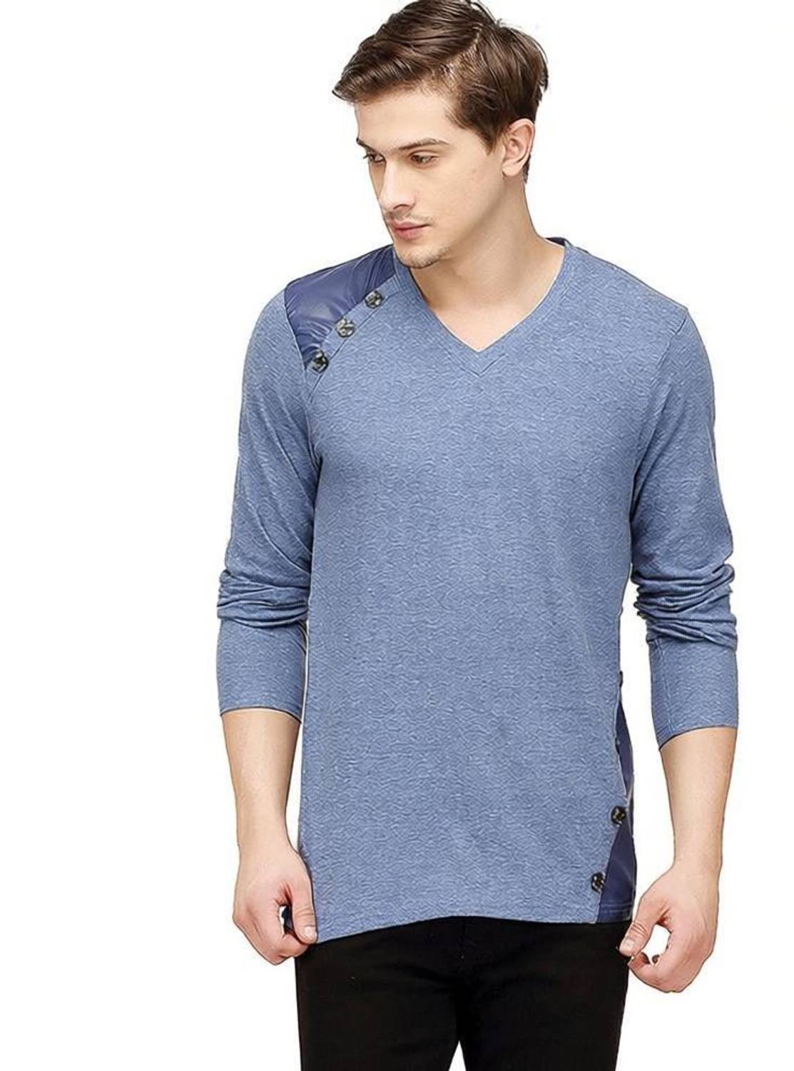 CAHOOT Solid Men V Neck Blue T-Shirt