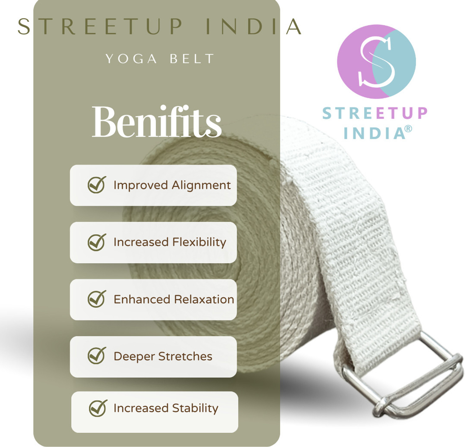 Image of streetup india Yoga Belt 9 Feet Long For Stretching, Yoga, Pilates, Physical Therapy Cotton Yoga Strap