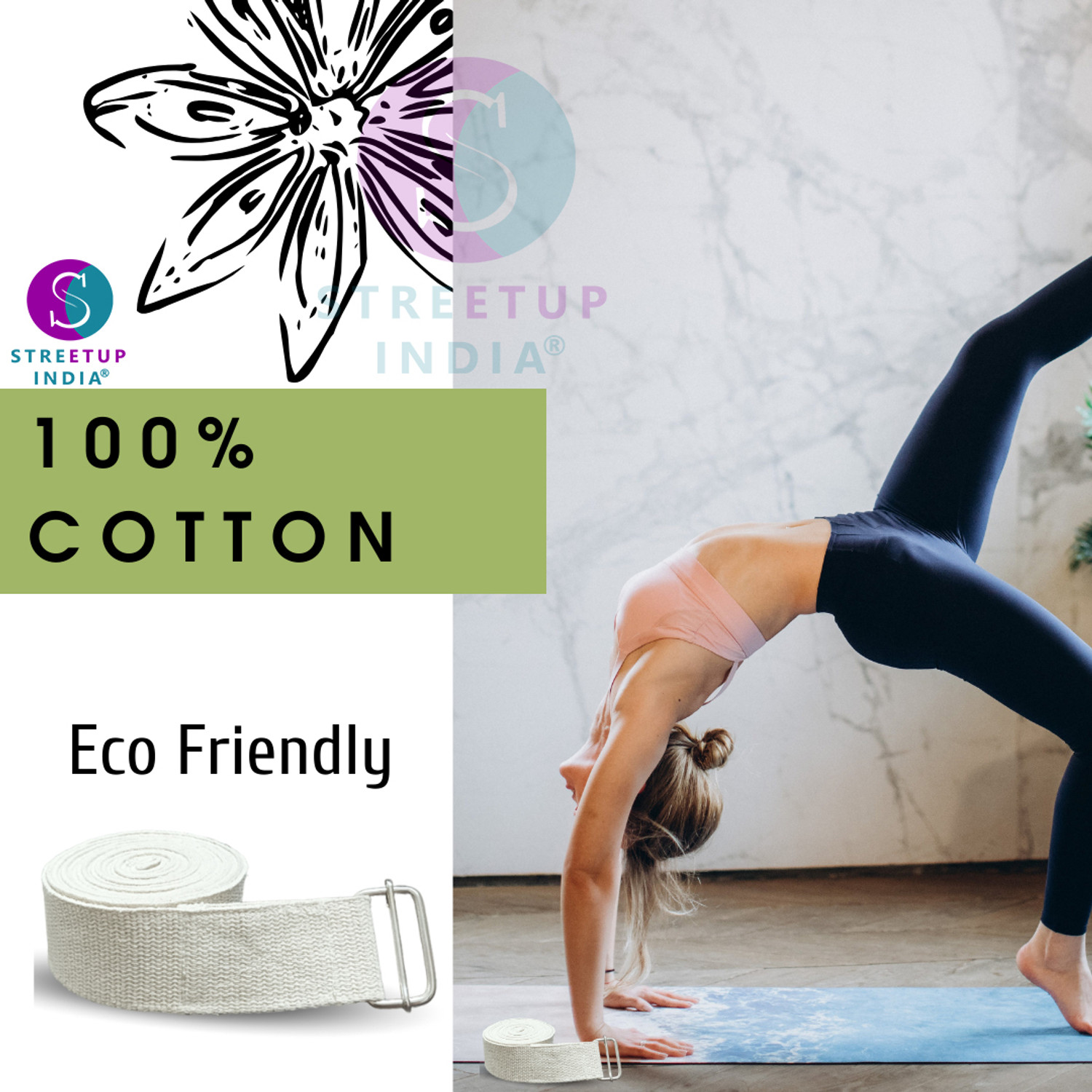 Image of streetup india Yoga Belt 9 Feet Long For Stretching, Yoga, Pilates, Physical Therapy Cotton Yoga Strap