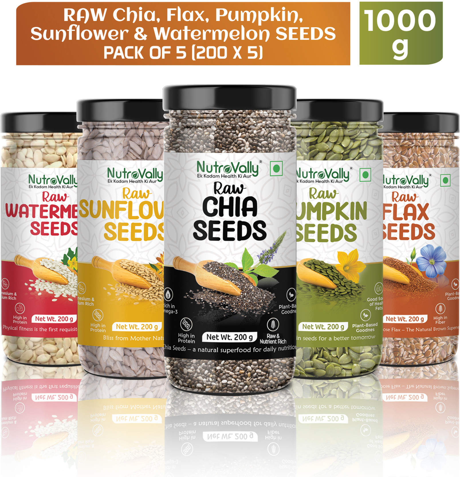 NutroVally Weight Loss Combo|Chia, Flax, Pumpkin, Sunflower, Watermelon Seeds-edible Chia Seeds, Golden Flax Seeds, Pumpkin Seeds, Sunflower Seeds, Watermelon S