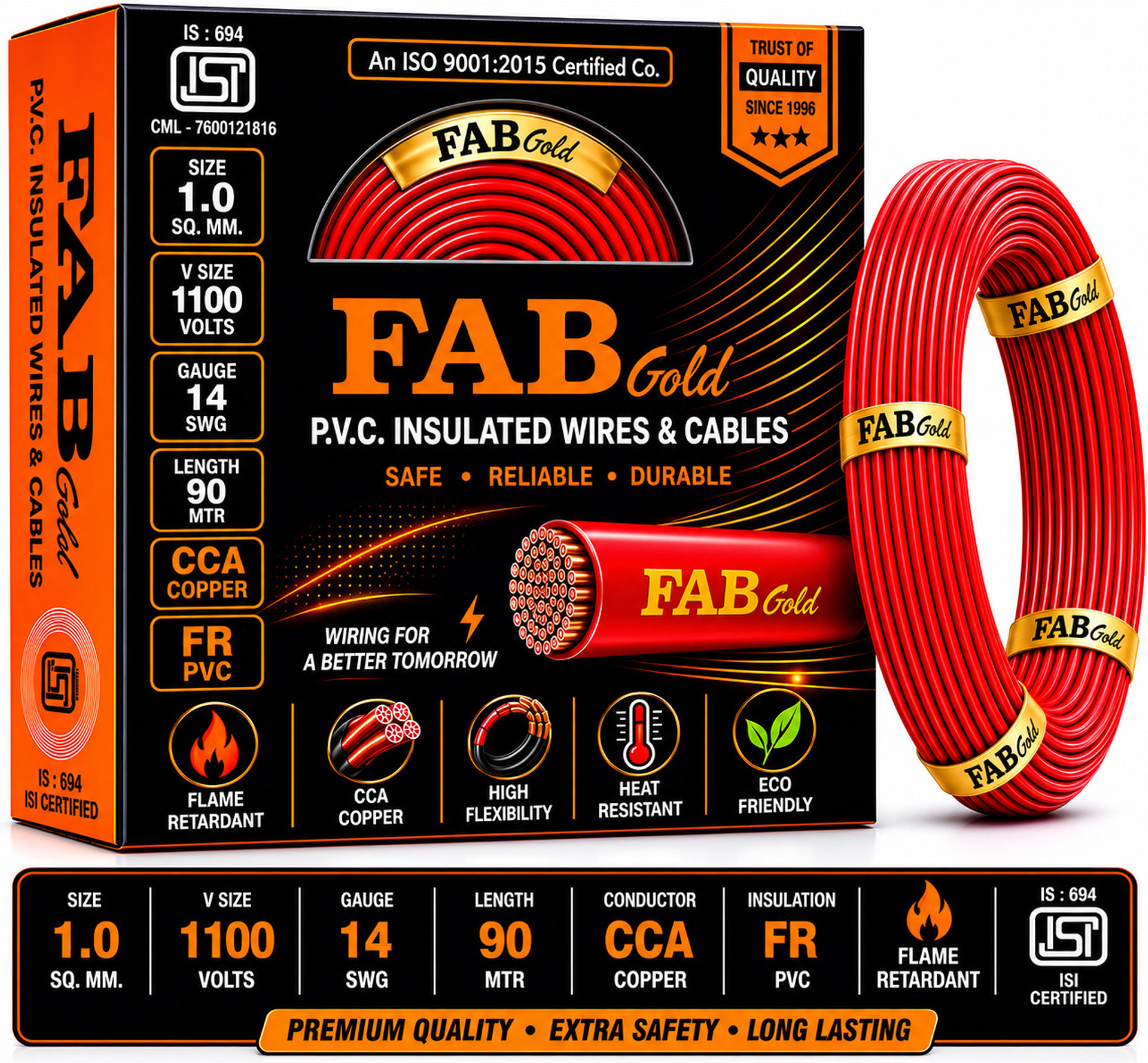 FAB GOLD CCA COPPER 1.0 sqmm |90 M |Multi Strand |Electrical Wire Cable |Premium quality 1 sq/mm Red 300 ft. Wire