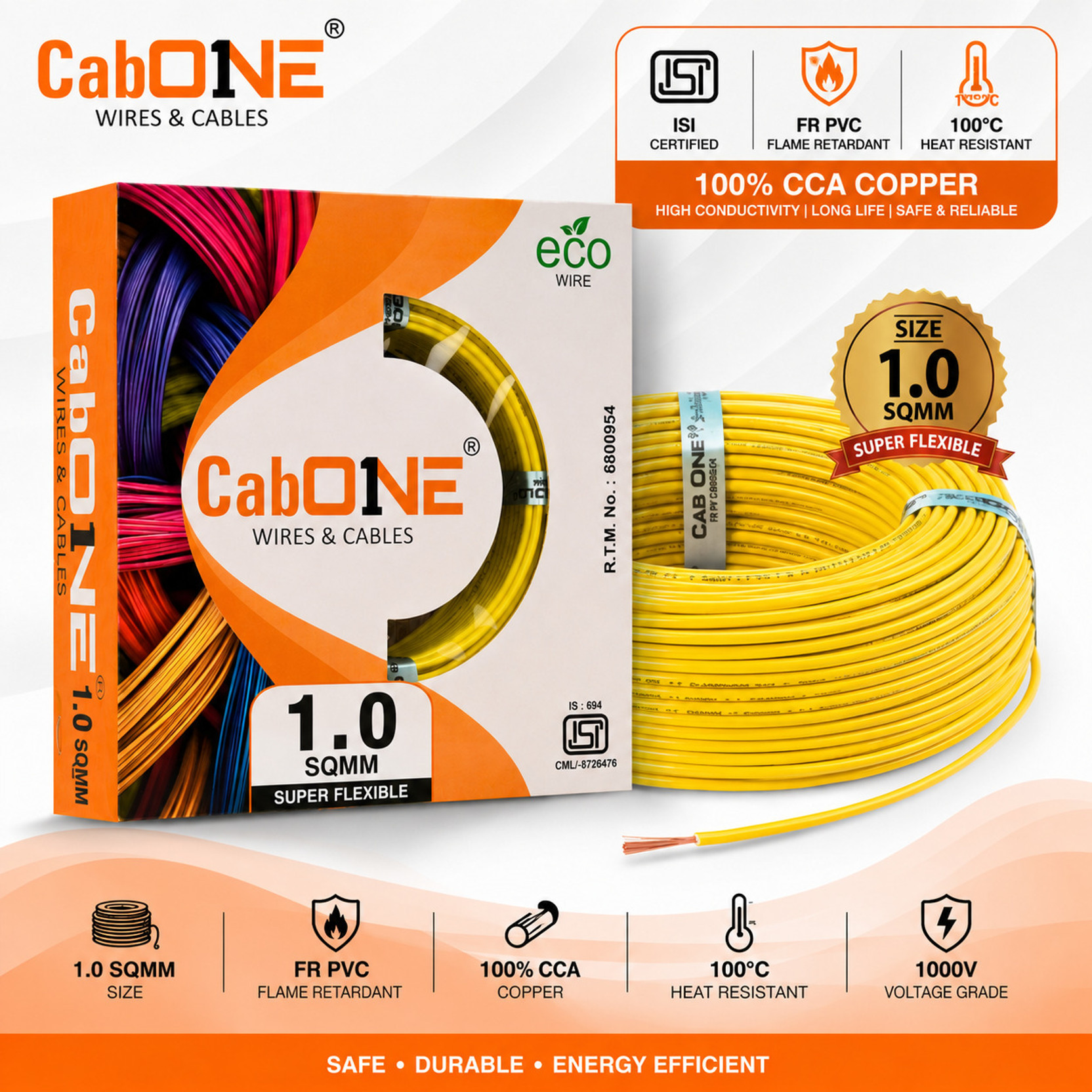 CabOne Lite 1.0 Sqmm CCA Copper Wire | 90m | Single Core | FR PVC Insulated | Domestic 1 sq/mm Yellow 300 ft. Wire