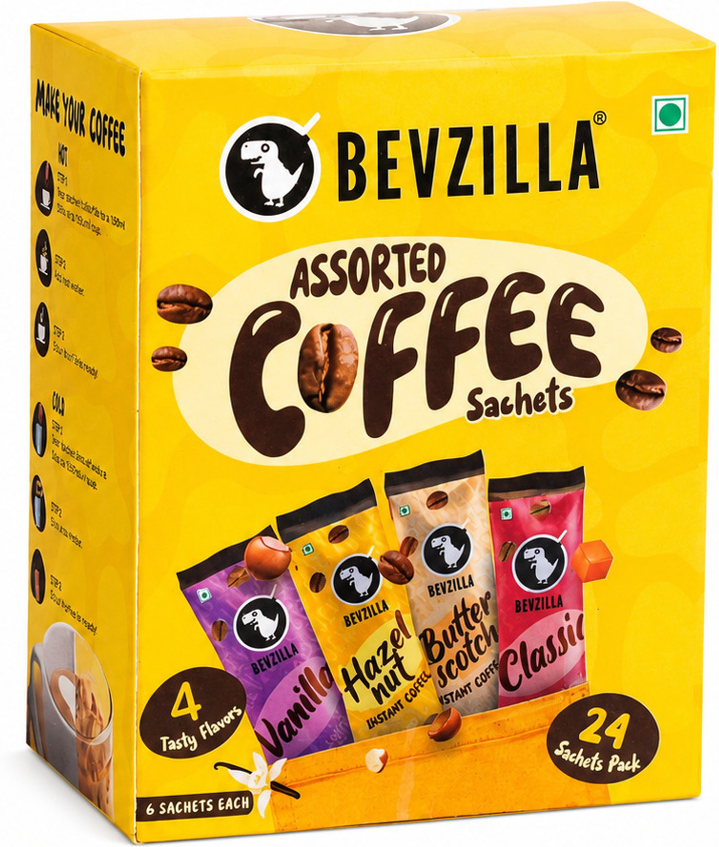 Bevzilla 24 Sachets Pack (4 Tasty Flavors) (6 Sachets Each) Assorted Instant Coffee