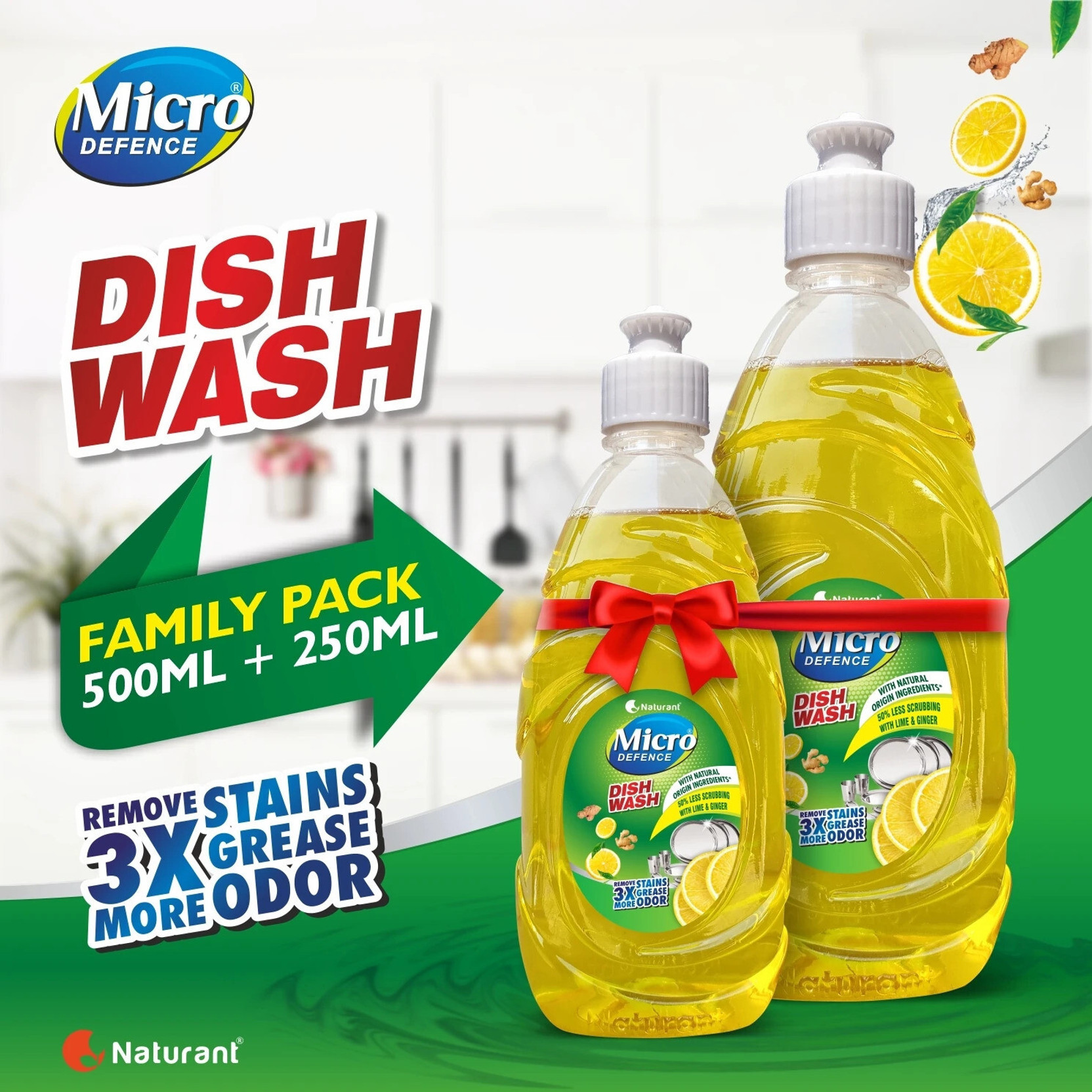 MicroDefence Dishwash Liquid|Plant Based|Remove 3X Grease & Stains|Baby,Pet & Skin Friendly Dish Cleaning Gel