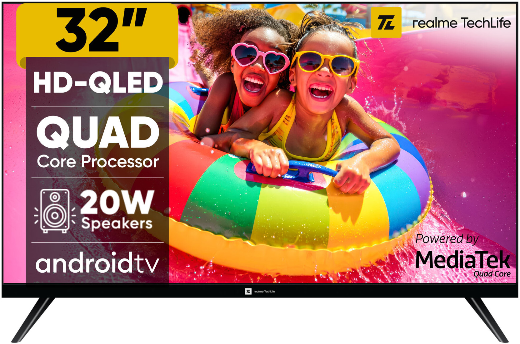 realme TechLife 80 cm (32 inch) QLED HD Ready Smart Android TV with Thunder OS, Live TV, Netflix, 100+ Apps, 20W Speakers, 300 Nits Brightness, Bezel-less Desig