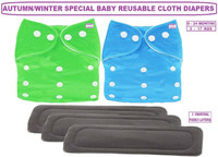 TINNY TOTS Pack of 2 Pocket Button Style Baby Reusable Cloth Diaper Nappy Autumn Winter Special Quick-Dry Adjustable With 3 Bamboo Charcoal Inserts Pad(5 Layers) Washable Wet-Free For New Borns/Toddlers/Infants/New Borns(GB;0