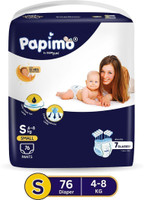 Papimo pants Baby Diaper | 10hrs Protection & Extra Absorption | Ultra-Soft | 4-8 kgs | PK-1 Pant Diapers - S (76 Pieces)
