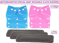 TINNY TOTS Pack of 2 Pocket Button Style Baby Reusable Cloth Diaper Nappy Autumn Winter Special Quick-Dry Adjustable With 3 Bamboo Charcoal Inserts Pad(5 Layers) Washable Wet-Free For New Borns/Toddlers/Infants/New Borns(BP;0