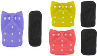 TINNY TOTS 3 Baby Reusable Cloth Diapers Nappy & 3 Charcoal Bamboo Insert Pads Washable Pant Diapers - New Born
