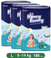 HONEY BUNNY Everyday Pants Baby Diaper | Soft Bubble Top Sheet & 360 Super Soft Waistband Pant Diapers - L (186 Pieces)