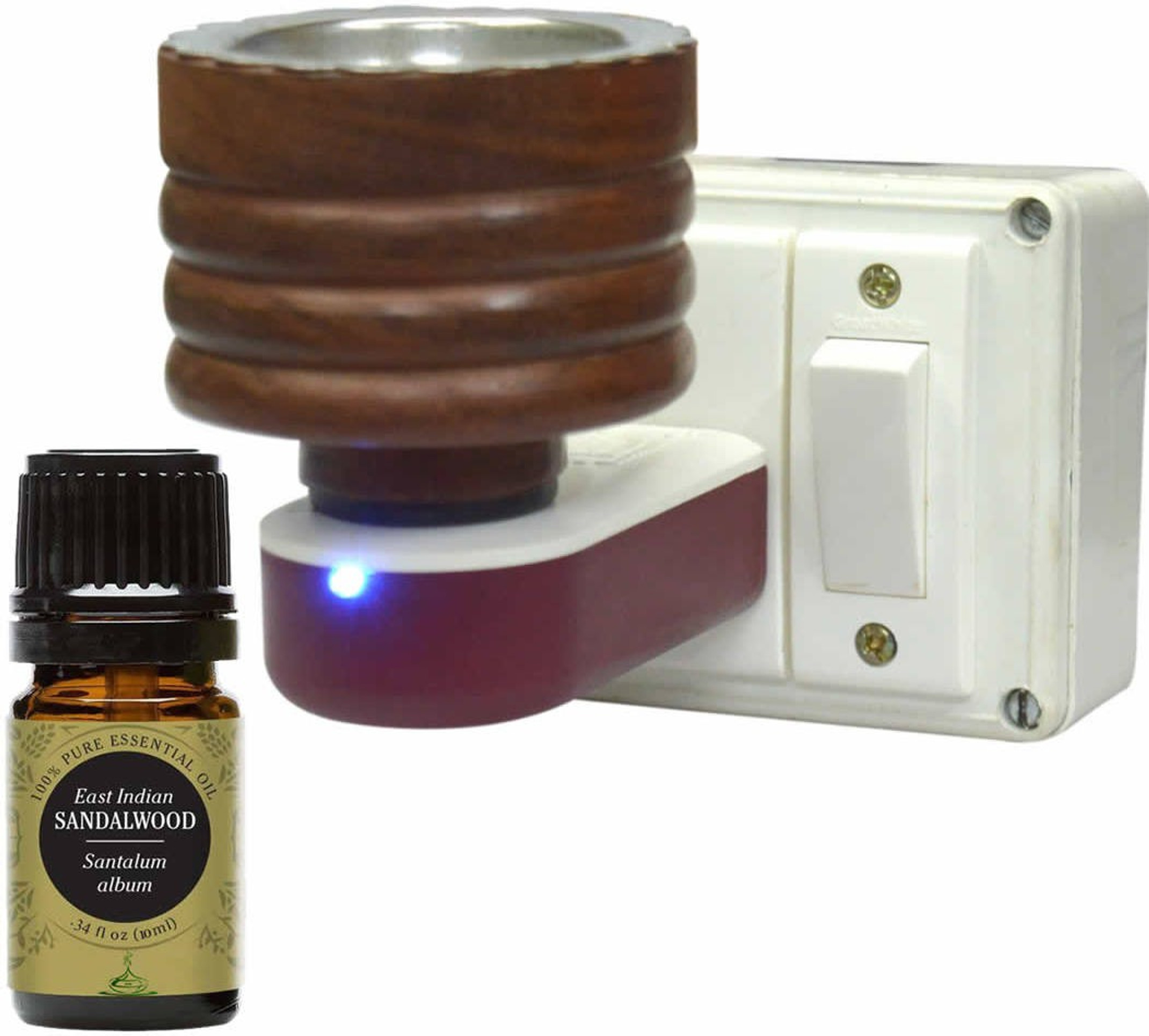 CraftQua Sandalwood Aroma Oil Diffuser Set, Aroma Oil Electric Wooden Kapoordani cum Aroma Oil Diffuser For Fragrance And Ambience|Direct Plug-In Incense Burner/Kapoor Dani|Sturdy High Quality Plug For Better Support Wooden Incense Holder with Sandalwood Aroma Oil 10ml (Brown) (2 x 5 ml)
