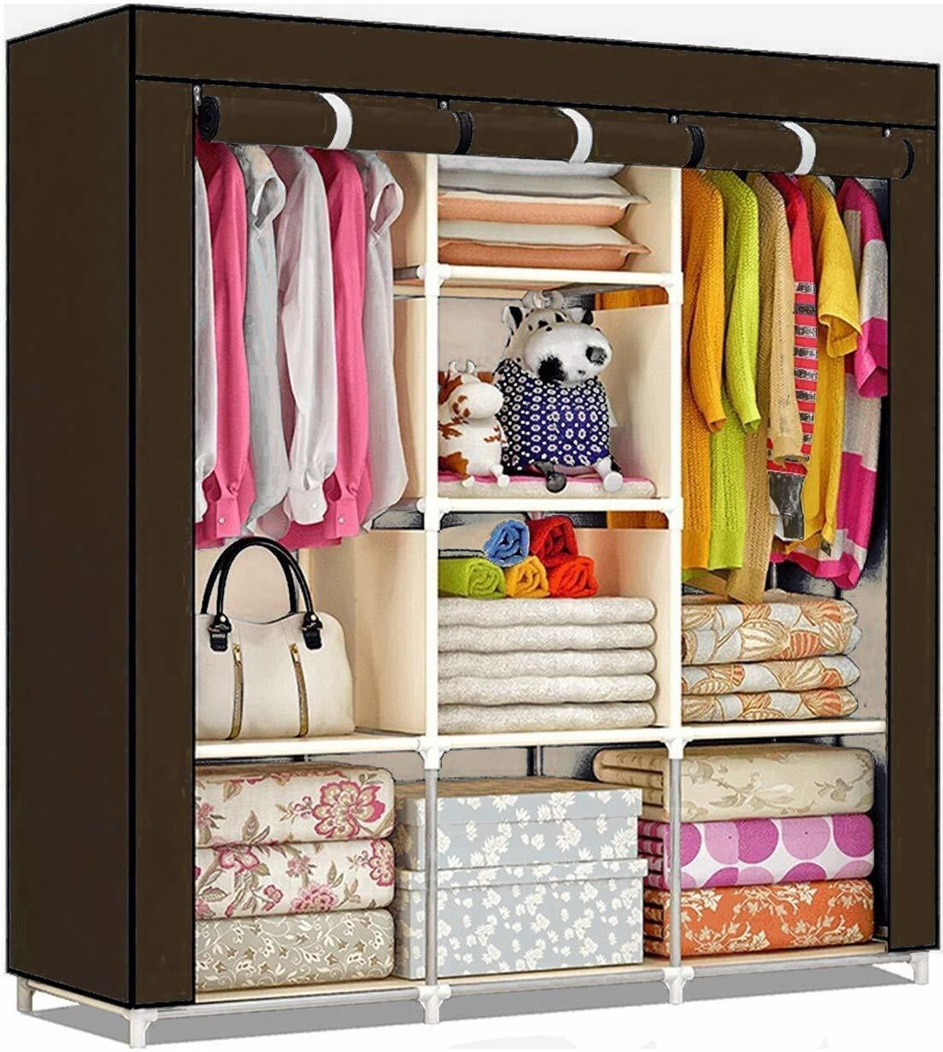 HEAVEN 6 + 2 Shelf 3 Door 88130 Collapsible Carbon Steel Collapsible Wardrobe (Finish Color - BROWN, DIY(Do-It-Yourself))
