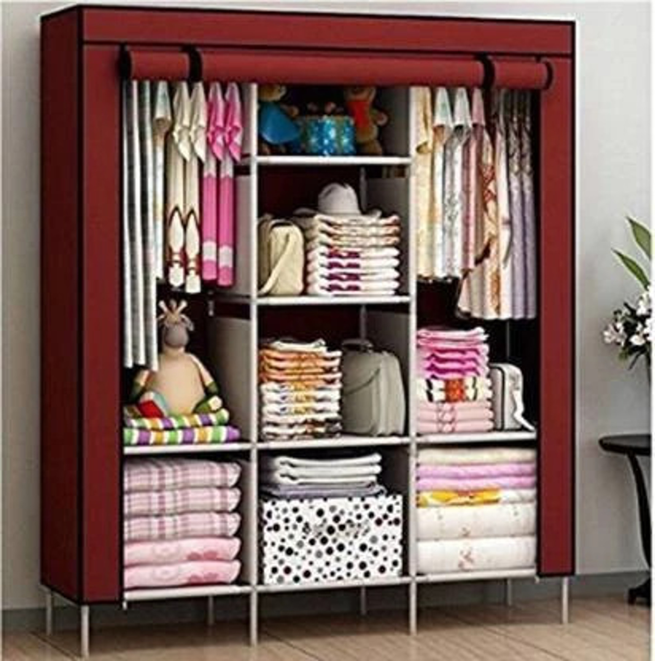 S . K Store Carbon Steel Collapsible Wardrobe (Finish Color - Maroon, DIY(Do-It-Yourself))