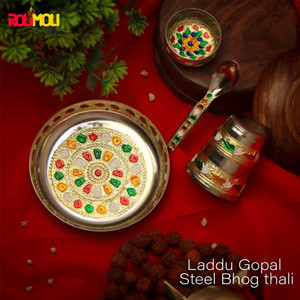 Meenakari Bhog Thali Set For Puja - 4 Piece Steel Plate, Katori, Glass & Spoon For Lord Krishna (Ladoo Gopal)
