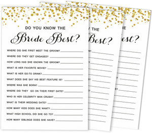 Who Knows The Bride Best Game Cards - 50 Pack Gold Confetti Bridal Shower Activity For Bachelorette Parties