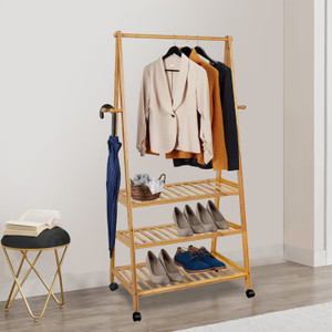 ADA Natural Bamboo Clothes Rack on Wheels Rolling, Portable Large ...